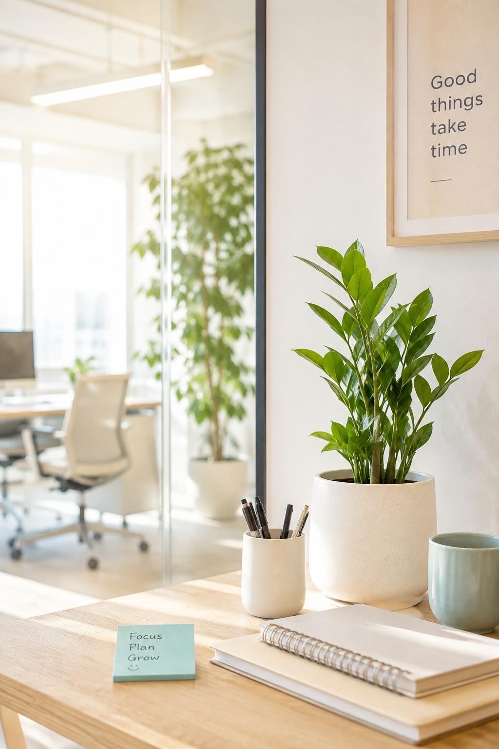 Desk detail in the studio with plants and a notebook
