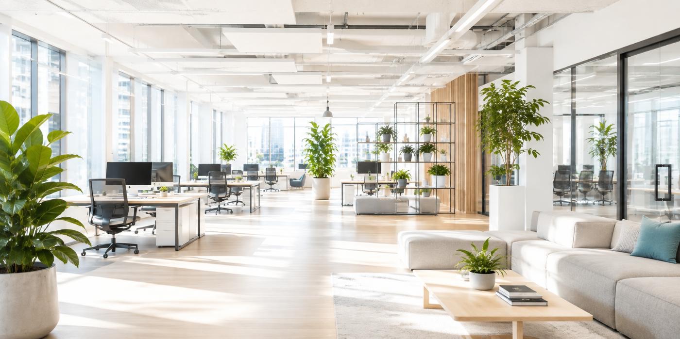 Bright open-plan office with desks, plants and lounge seating