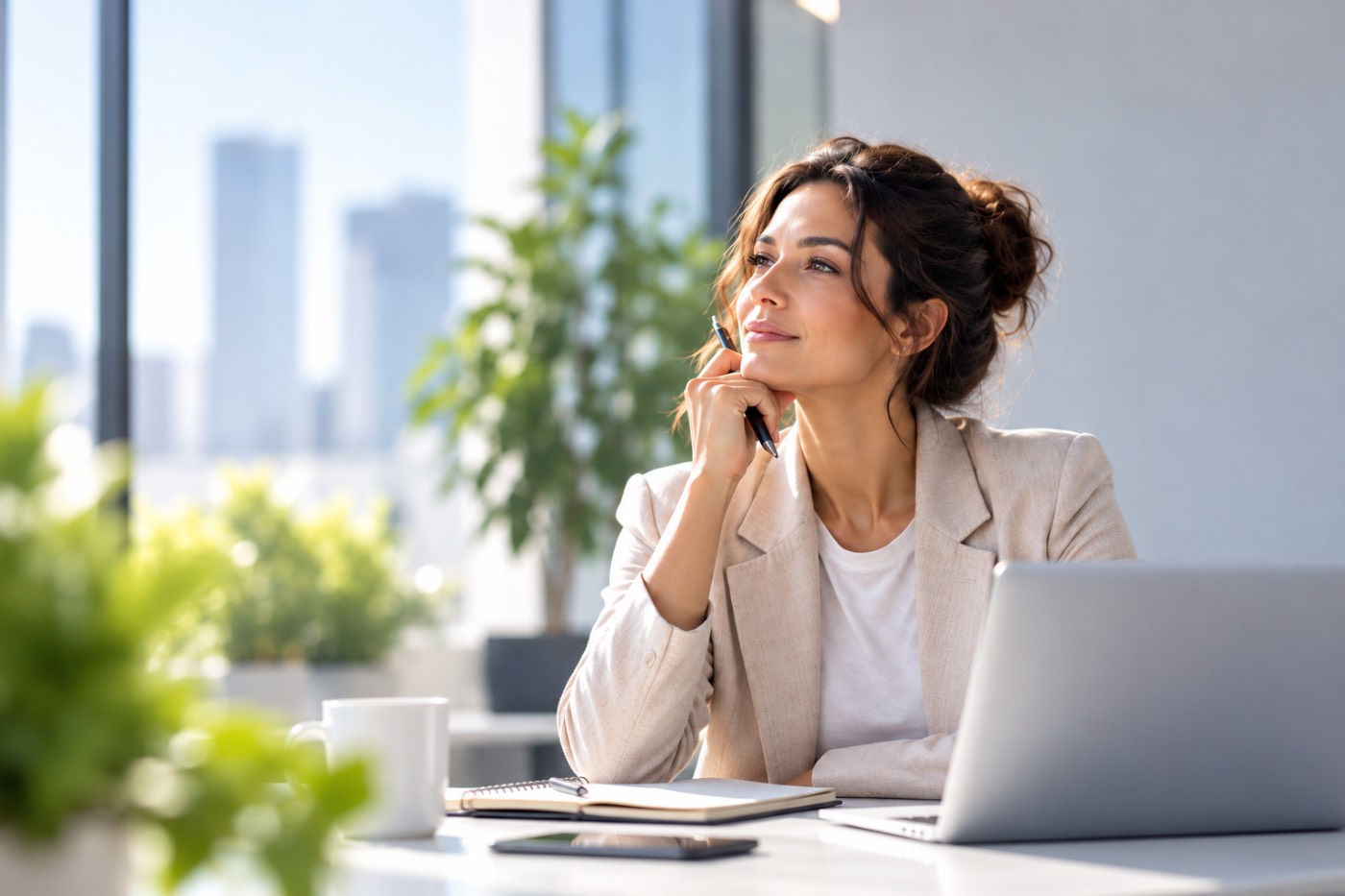 Consultant at a desk by a window, looking up in thought